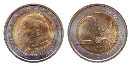 Vatican 2 two euro coin minted 2002 isolated on white backgroundの写真素材