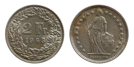 Switzerland Swiss coin 2 two franc 1963 silver isolated on white backgroundの写真素材
