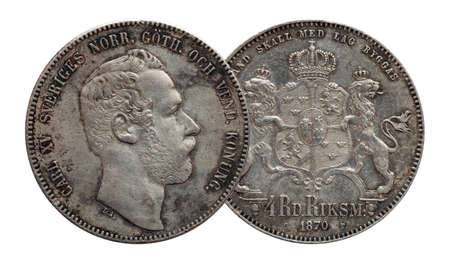 Sweden Norway silver coin four 4 thaler rigsdaler minted 1870 Carl XV isolated on whiteの写真素材