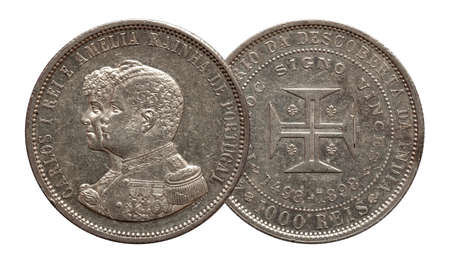Portugal silver coin thousand 1000 reis minted 1898 Carlos and Ameliaの写真素材