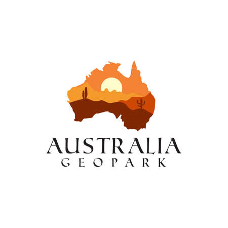 Australia map sunset landscape background cactus mountain vector logo designのイラスト素材