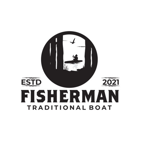 Traditional boat fisherman, lake view and flying seagull vector logo designのイラスト素材