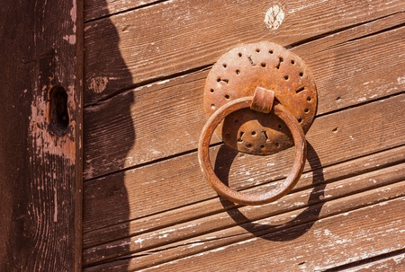 Metal door knocker on wooden door, Toplou Monastery, Crete, Greece, Europeの写真素材