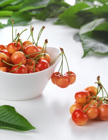 Fresh cherries in bowl, studio shotの写真素材