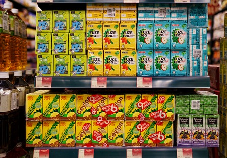 Repulse Bay, Hong Kong - November 19, 2015: A display of local supermarket. Various juices and tea.のeditorial素材