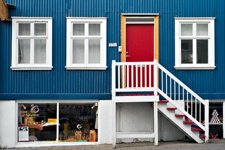 Reykjavik, Iceland - July, 2008: House facade with stairs and storefrontのeditorial素材