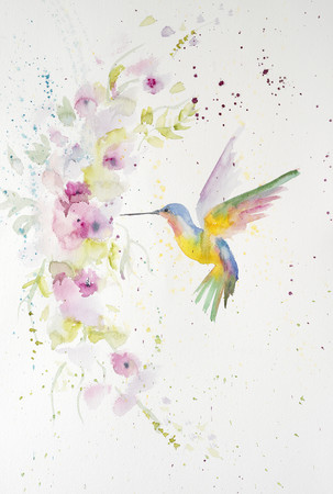 Watercolor painting of hummingbird. Handmadeの写真素材