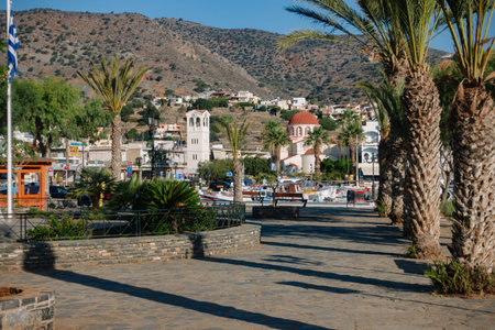 Elounda village, Crete Greece. - 28 June 2018. Early morning view of the center of Elounda