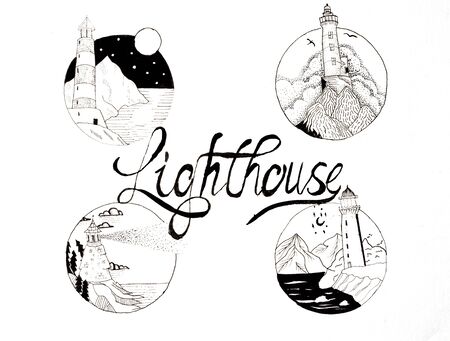 China ink drawing of lighthousesの写真素材