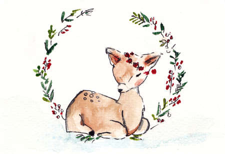 Watercolor drawing of greetings card with fawnの写真素材