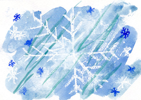 Watercolor drawings of snowflake. Winter backgroundの写真素材