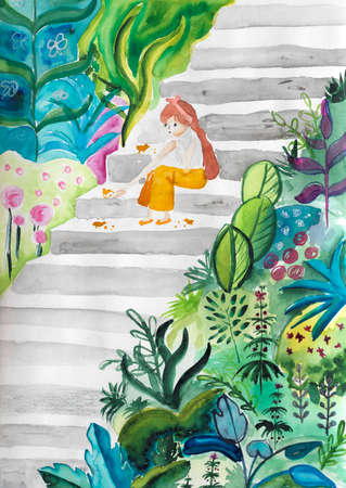 Drawing with a girl sitting on the stairs in the parkの写真素材
