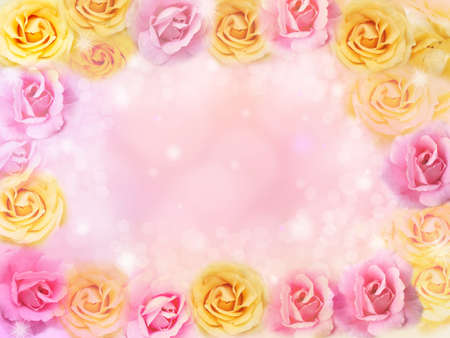 beautiful pink and yellow roses flower border and frame background for valentineの写真素材
