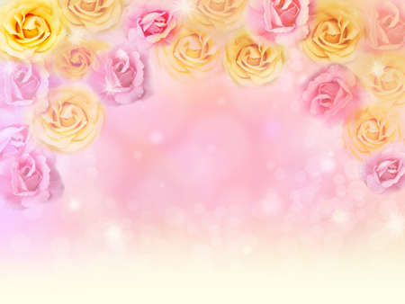 romantic pink and yellow roses flower border background for valentineの写真素材