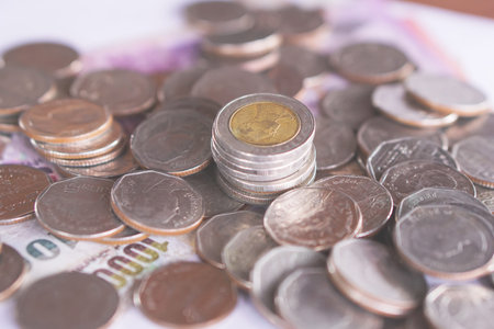 Thai baht coin, business and finance concept backgroundの写真素材