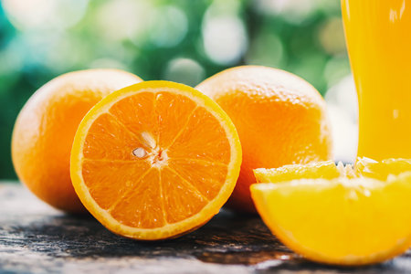 orange sliced and orange juice glasses with green leaf on wooden tableの写真素材
