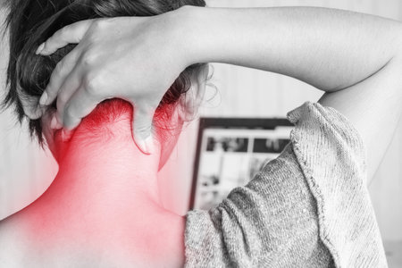 business Asian woman having neck pain while working on computer laptop  screen ,office syndrome conceptの写真素材