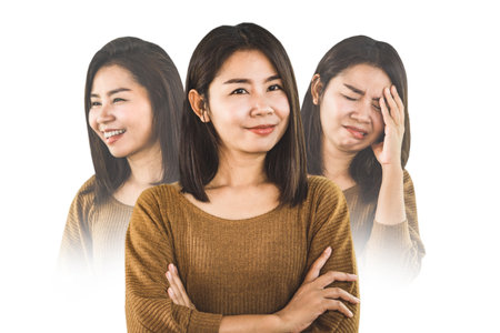 bipolar disorder Asian woman face happy smiling and depressed sad moodsの写真素材