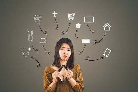 poor Asian woman hand holding empty wallet spent all money for debt