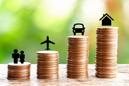 wealth concept with stack of coin  home, car, happy couples icons