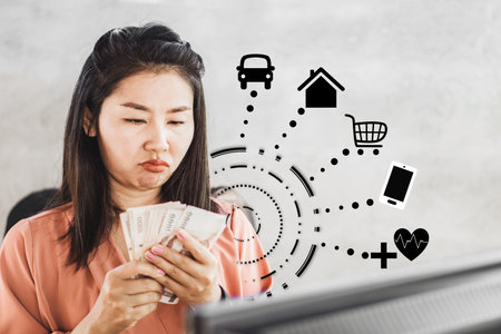 stress Asian woman hand counting money having problem income with debt not balance