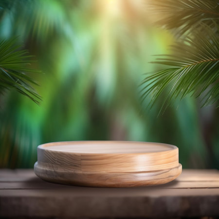 Wooden podium on wooden table and palm leave background. 3d render, Generated AIの素材