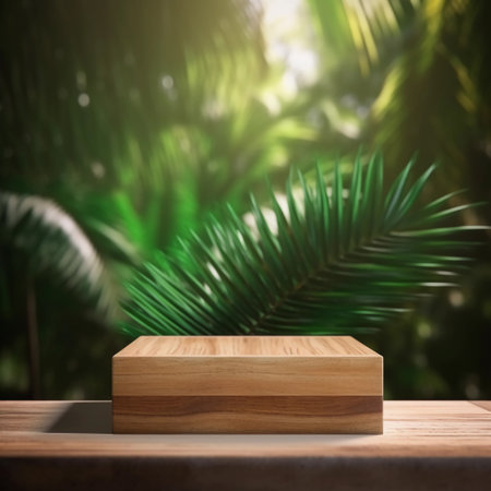 Wooden product display podium on wooden table over blurred tropical background, product presentation concept, Created by Generative AIの素材
