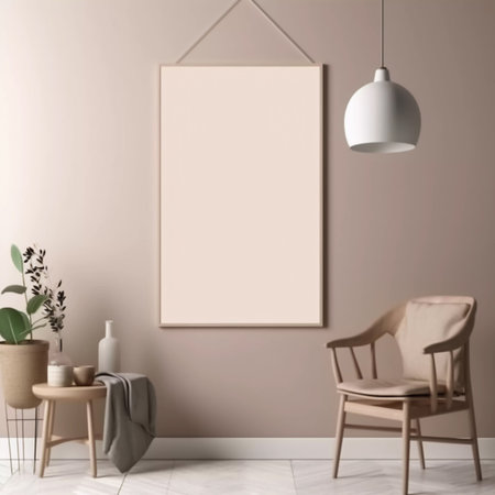 Cozy Boho Room Mockup: Boucle Chair and White Empty Poster Frame on Wall, Perfect for a Charming DÃ©cor Inspiration, Created by Generative AIの素材