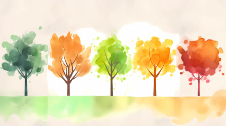 Watercolor Illustration painting Transition from Summer to Autumn Season in a Colorful Tree Forest with Falling Leaves, Created by Generative AIの素材
