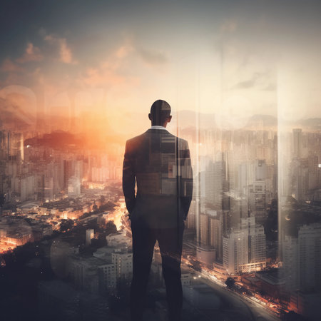 Triumph A Double Exposure of a Businessman in the Cityscape, Embodies Success and Future Plans, Created by Generative AIの素材
