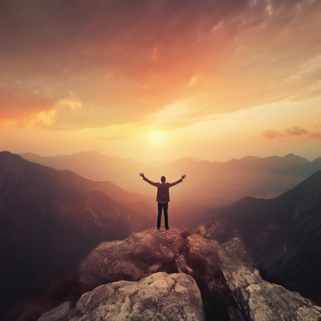 triumph of life with a businessman celebrates on arm rais up on the top of a sunset mountain, success, and achievement Generative AIの素材