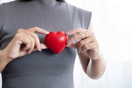 Closeup of woman hand holding a red heart shaped object, representing heart health awareness, early medical checkups, cardiology care and reminders for World Heart Dayの写真素材