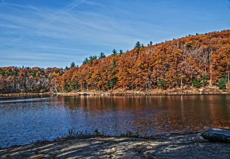 pond with the reflection of the autumn leaves.の写真素材