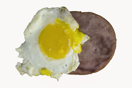 ham and egg on a white back groundの写真素材