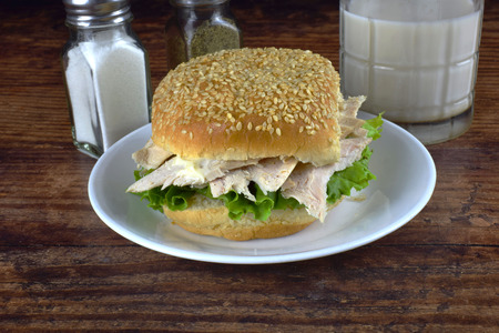 chicken sandwich on a plateの写真素材