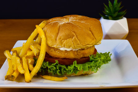 chicken patty sandwich top witth tomato and  a side of friesの写真素材