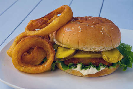 fish fillet sandwich top sandwich pickles with onion rings,の写真素材