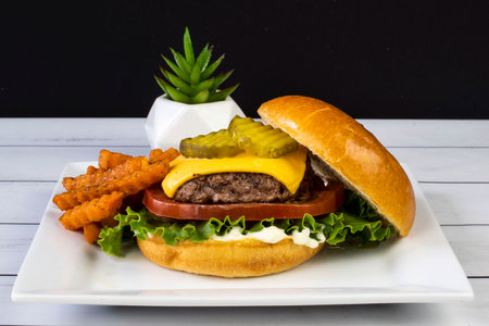 cheese burger on a brioche bun  and  served with sweet potato friesの写真素材