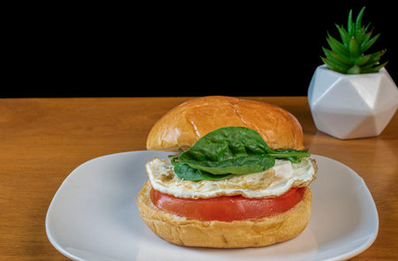 fried egg  tomatoe with spinach on top bnetween brioche bunの写真素材