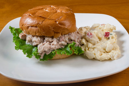tuna fish  between brioche bun  and served with potato saladの写真素材