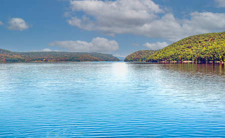 view of the quabbin reservior  in early fall in new englandの写真素材