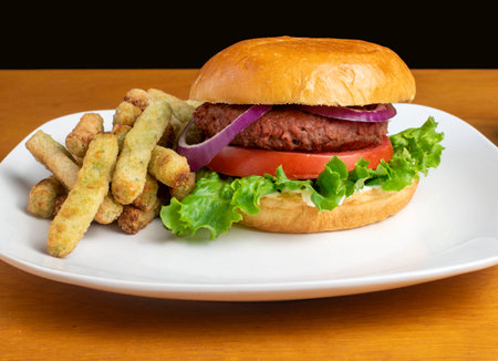 plant based burger  server-d with brocoli fries,の写真素材
