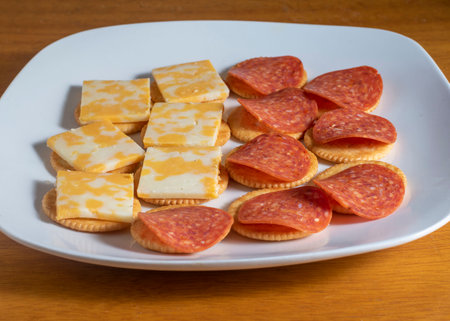 crackers served with colby jack cheese and pepperoniの写真素材