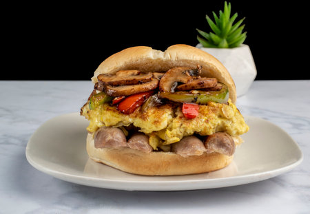 scramble egg breakfast sandwich  with sausage served with sautedd peppers and onionsの写真素材