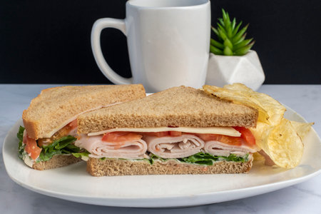 turkey sandwich  served with potato chipsの写真素材