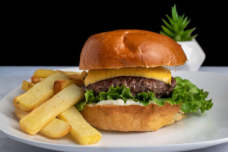 cheese burger on a brioche bun served with  steak friesの写真素材