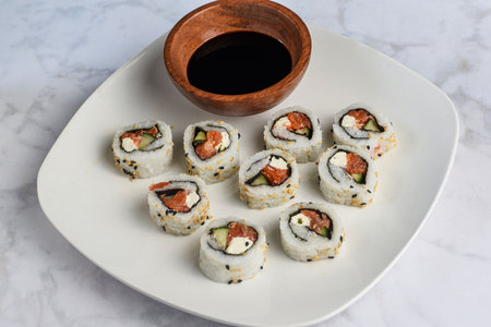 philadelphia roll  with  smoked salmon , cheese and cucumberの写真素材