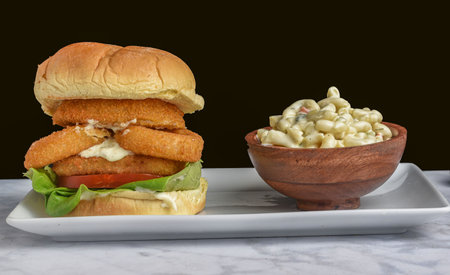 fish fillet sandwich  top with  onion rings  served with macaroni salad,の写真素材