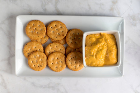 eveything crackers  served with  a cheese dip,の写真素材