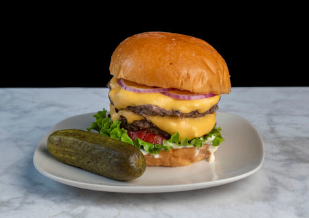double cheese burger  on a brioche bun on a pickleの写真素材